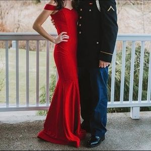 Red formal off the the shoulder dress